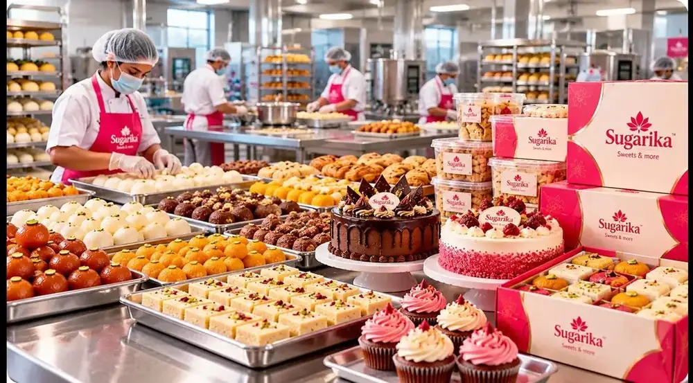 Sugarika production kitchen with sweets trays and packaging